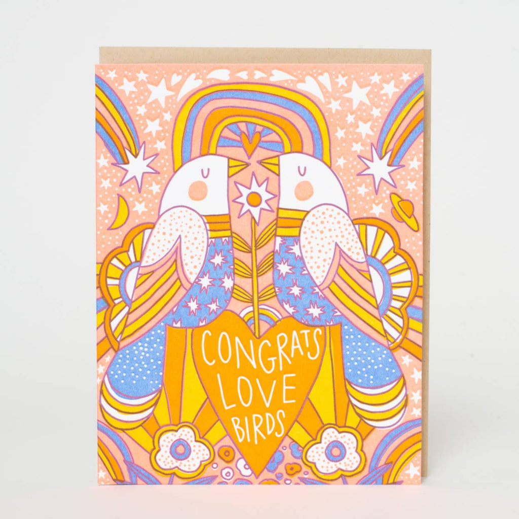 Celebrate the newlyweds with our wedding congrats card featuring adorable love birds and hand-drawn letterpress design by Hello!Lucky. Perfect for sending love and well wishes to the happy couple. Congrats, love birds!