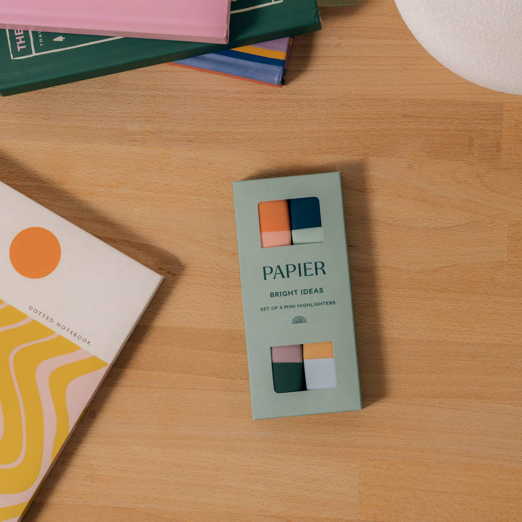 For highlighting your best bits. Papier's Bright Ideas mini highlighters glide smoothly over the words you want to remember. In a set of four happy hues – mint, mustard, lilac and peach – every page will look a little brighter.