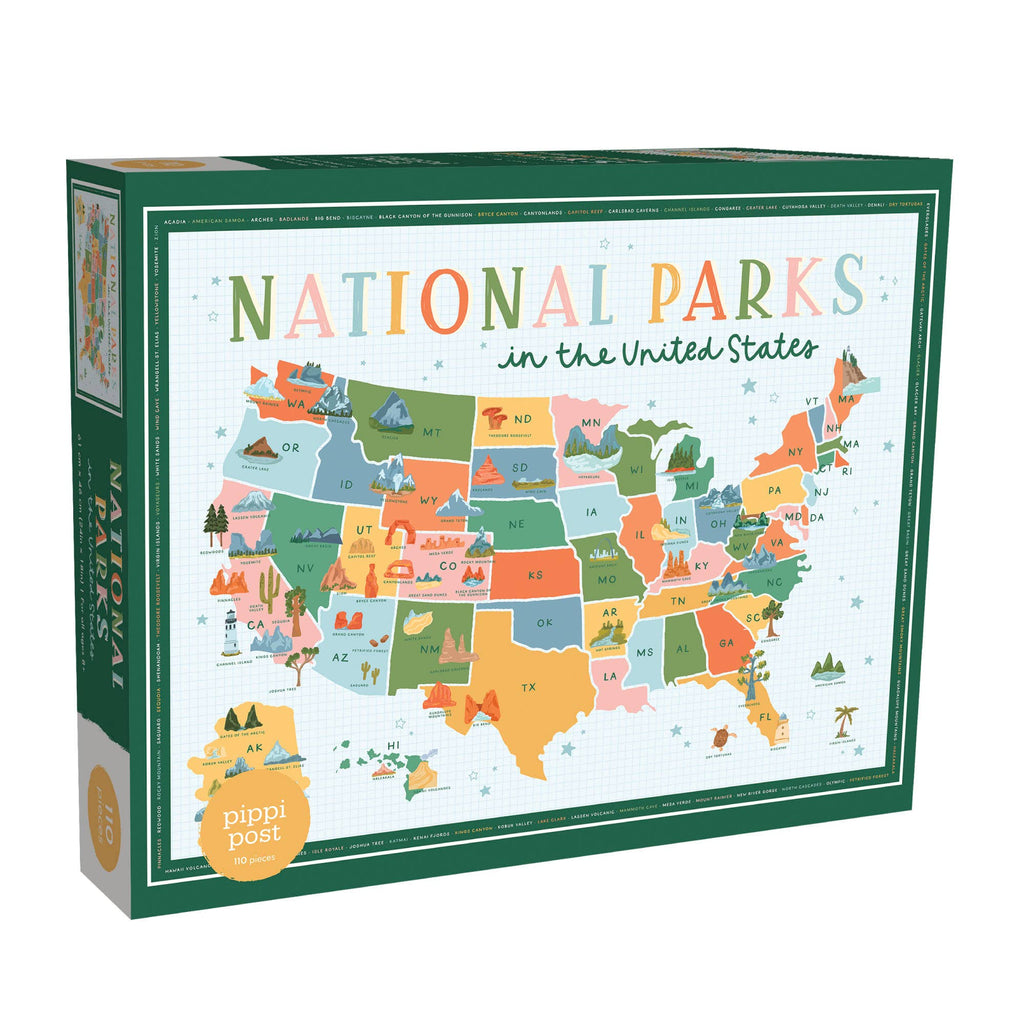 Embark on a journey through the country with our National Parks in the United States 110 Piece Jigsaw Puzzle. Perfect for nature lovers of all ages, this puzzle captures the beauty of America's national treasures. The uniquely state-shaped pieces and beautifully illustrated designs make this puzzle a fun and educational activity for kids and adults alike. With only 110 pieces, it's the perfect gift for children and a great addition to any teacher's classroom.