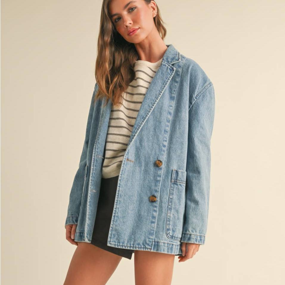 Upgrade your casual look with our trendy Denim Oversize Blazer! Made from high-quality denim, this blazer is both stylish and comfortable. Perfect for any occasion, this blazer will elevate your outfit while still keeping things laid-back. Rock a cool and effortless vibe with our Denim Oversize Blazer.