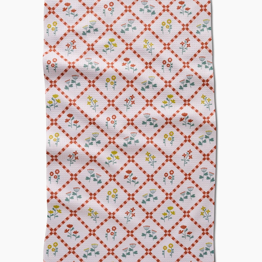 checkered red and yellow floral pattern tea towel