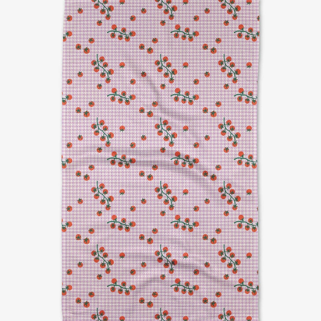 pink gingham print tea towel with tomato designs 