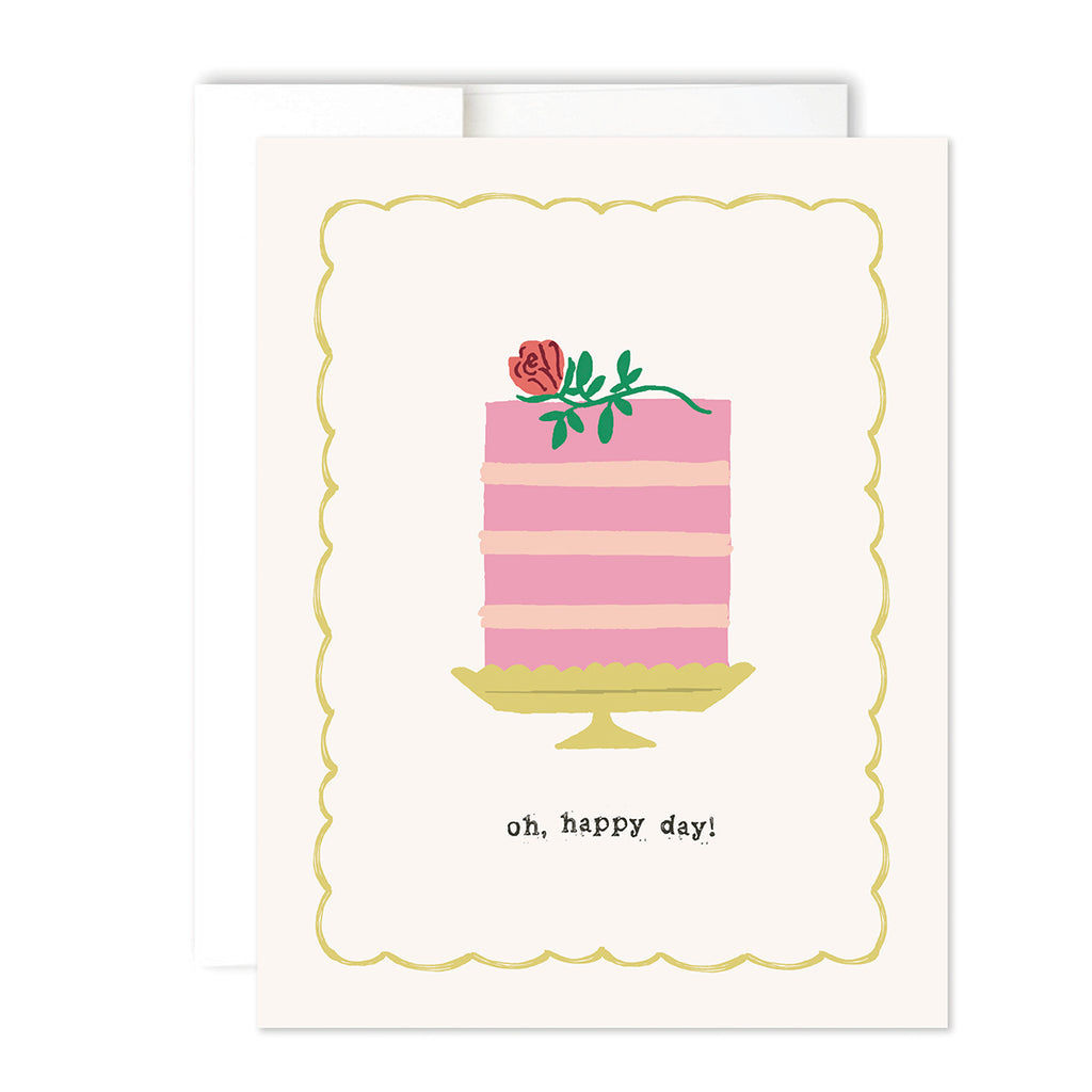 white card with yellow scalloped boarder, with a pink stripped cake topped with a rose. reading "oh, happy day!"