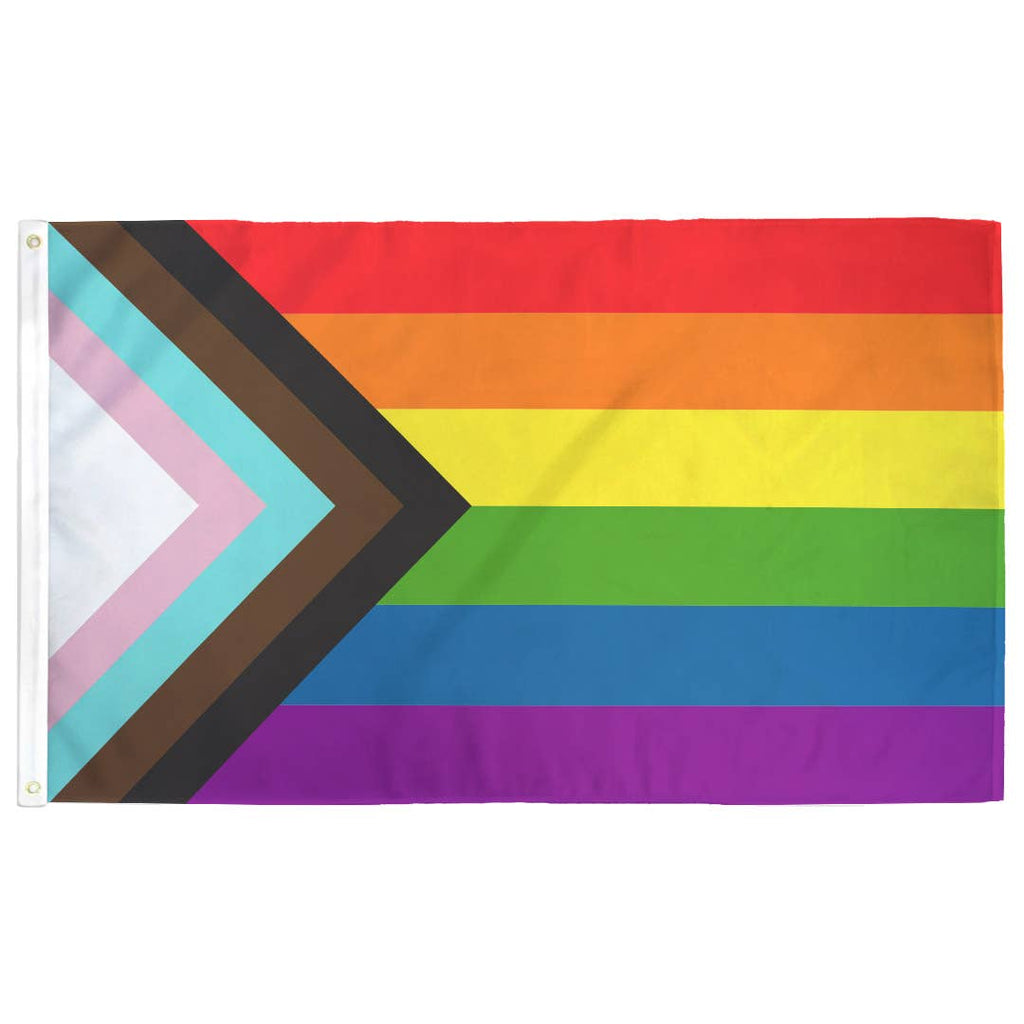 The "Progress" Flag places 5 half sized stripes in an arrow shape representing trans and non-binary individuals, marginalized POC communities, as well as those living with AIDS on top of the traditional LGBTQ Rainbow Flag. 🧑‍🎨 We believe artists should get credit for their work. So we are proud to be officially licensed by Daniel to produce this flag. 🧵 Our flags are durable 200D polyester (most flags you'll find on the internet are cheap ~75D) with two grommets on the hoist edge.