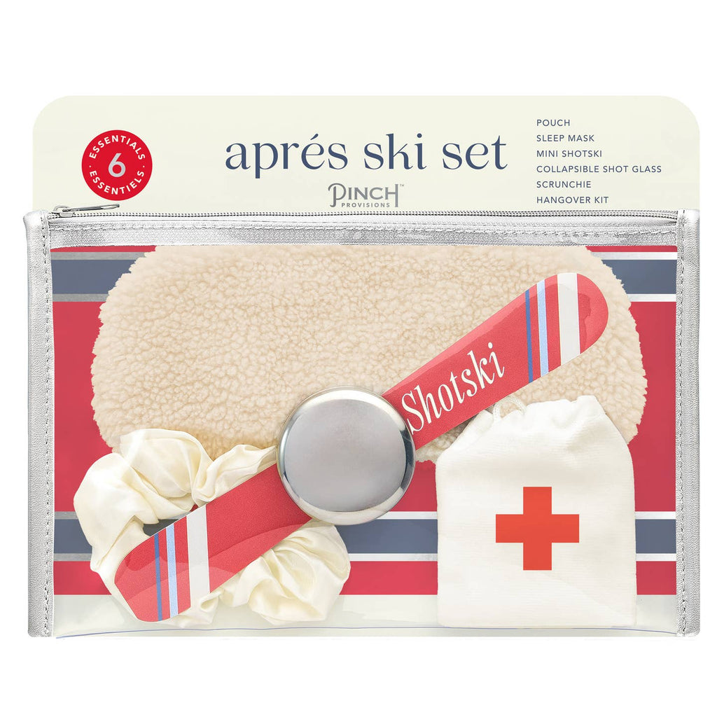 this 6-piece set is the perfect collection of chalet-chic essentials, packed in a clear flat pouch with silver vegan leather trim. Keep the party going with a personal 8-in. shot-ski with collapsible stainless steel shot glass. Then snuggle up with an ivory sherpa sleep mask and scrunchie. And finally, keep the mini hangover kit with pain reliever, electrolytes, facial cleaning towelette, and breath drops close-by the next morning. With the Pinch Aprés Ski Set, you'll be ready to hit the slopes again in no 