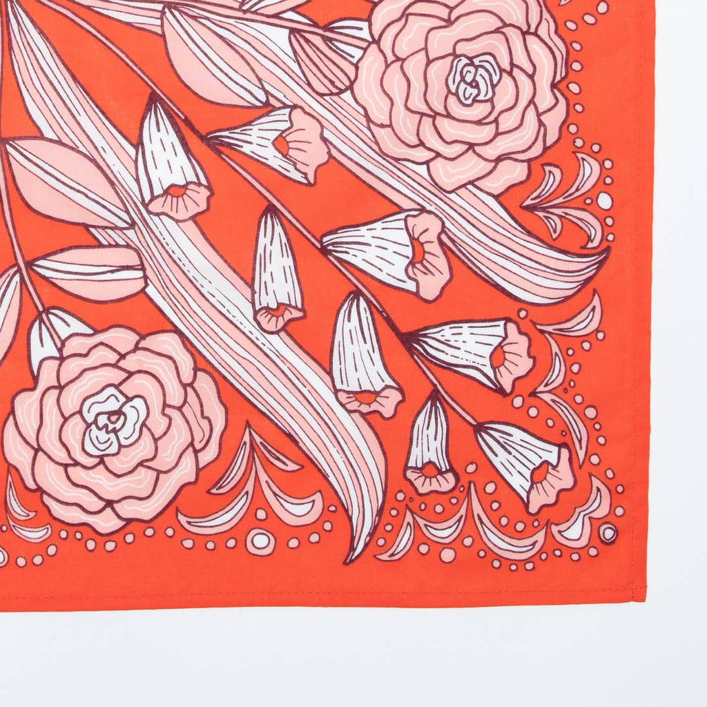 Hot-Red background with White and Pinkish-Peach Floral handkerchief