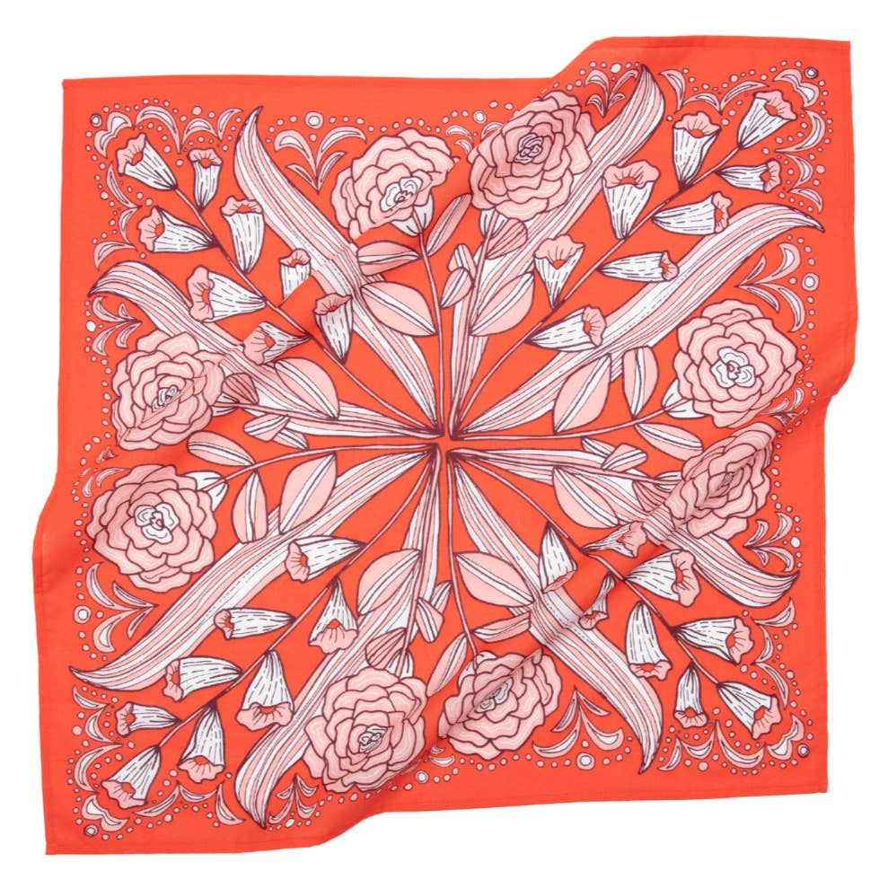 Hot-Red background with White and Pinkish-Peach Floral handkerchief