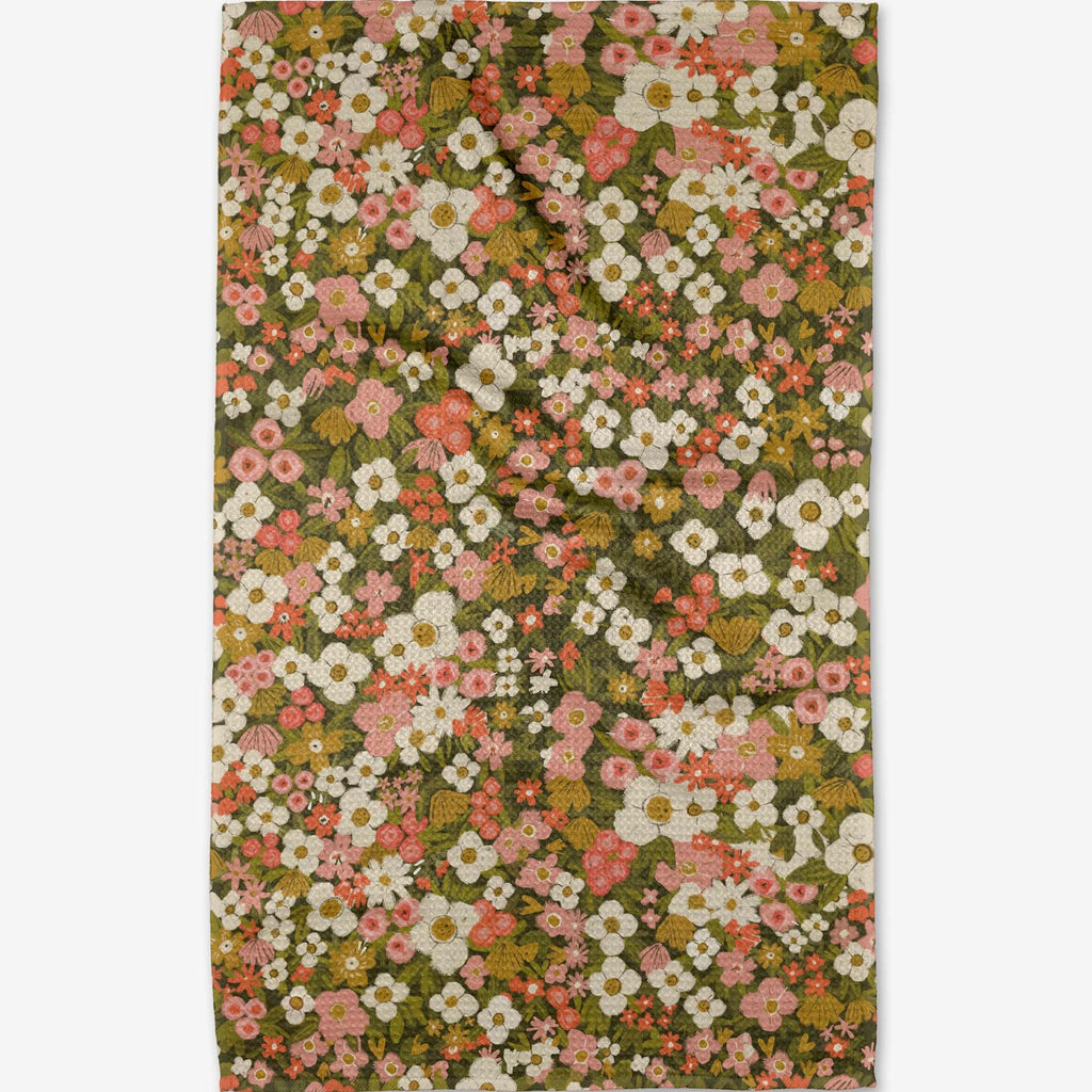 green and pink ditsy floral tea towel