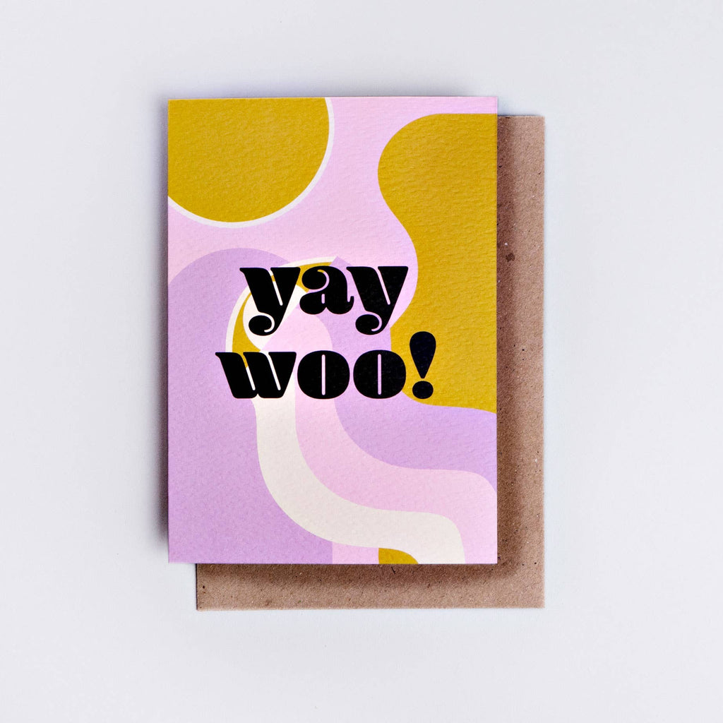 This “yay woo!’ card is blank on the inside, leaving plenty of room for a personalized message! It’s an A6 card, printed in the UK on 300gsm Fresco Gesso FSC certified paper, which gives it a lovely texture and rich colors. Comes with a kraft envelope and is packed in a biodegradable bag.