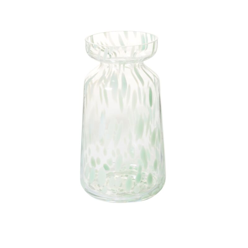 Cue the confetti & celebration with the large Cambria Vase, featuring a trendy pattern & colors of white & minty green on handmade confetti glass. A flared opening & color variation makes this piece truly unique as a florist staple, plant shop merchandise, everyday decor, or a wedding & event vessel. Fill with a collection of fresh-cut stems as a flower vase, or use for bulb forcing. 5.5 x 5.5 x 9.75