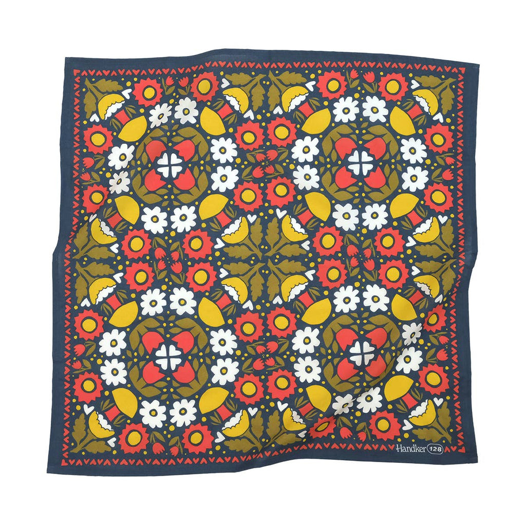 Dark blue background with mustard yellow, hot red, and olive green flowers handkerchief