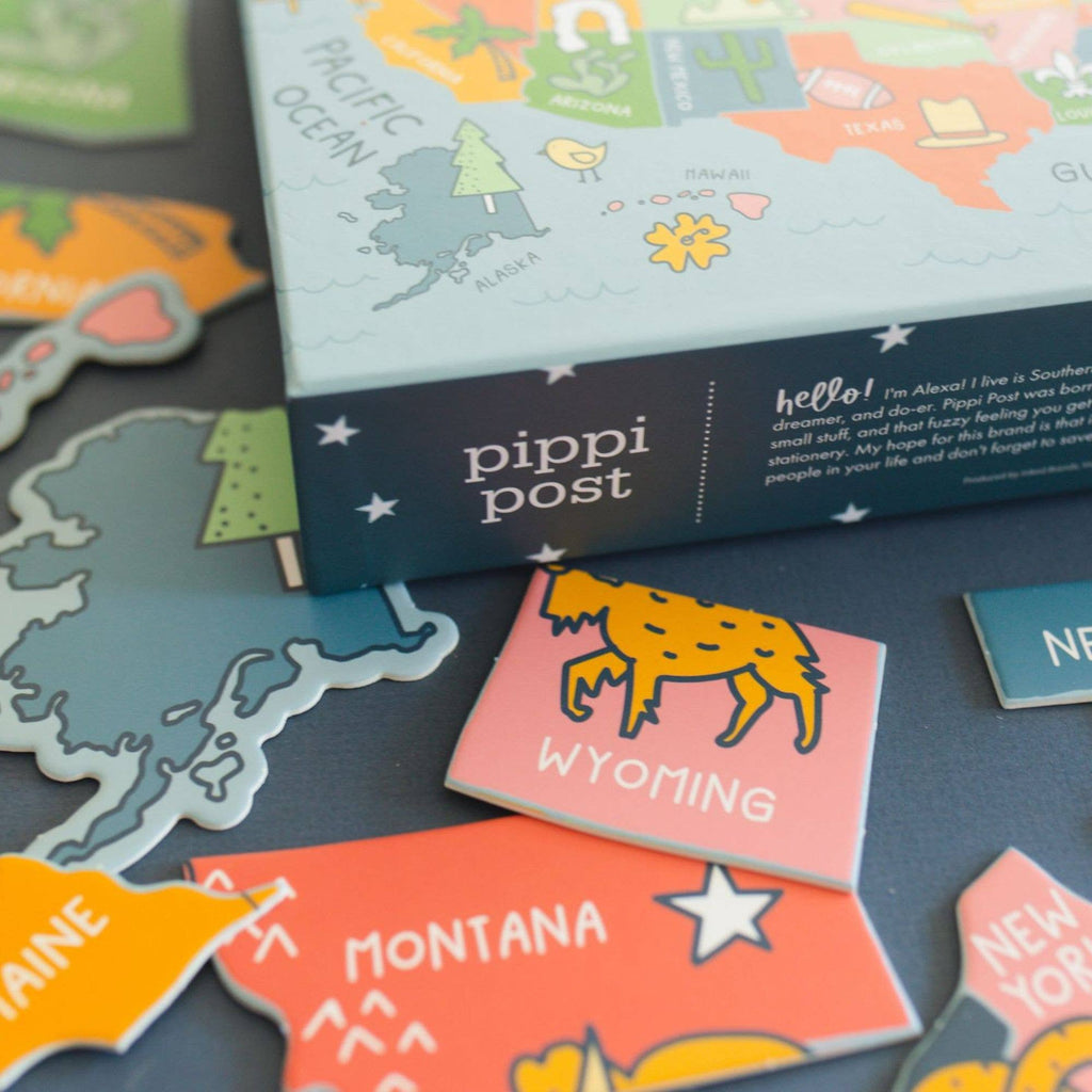 Explore the United States of America with our one-of-a-kind, hand-drawn puzzle. The uniquely state-shaped pieces and beautifully illustrated designs make this puzzle a fun and educational activity for kids and adults alike. With only 110 pieces, it's the perfect gift for children and a great addition to any teacher's classroom.