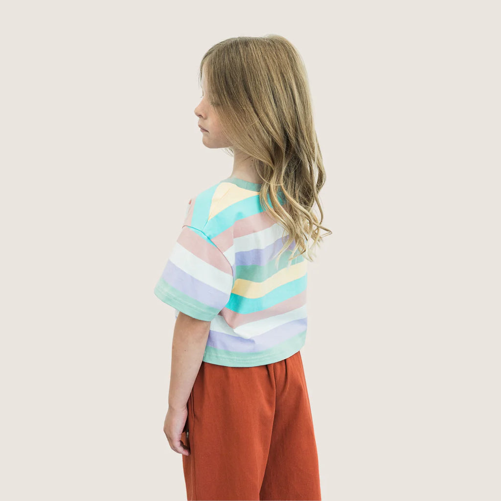 Constructed from 100% premium cotton, our Rainbow Stripe T-shirt offers unparalleled comfort and breathability. Adorned with bands of light green, purple, yellow, white, blue, and pink, this tee instantly elevates casual wear into a head-turning ensemble