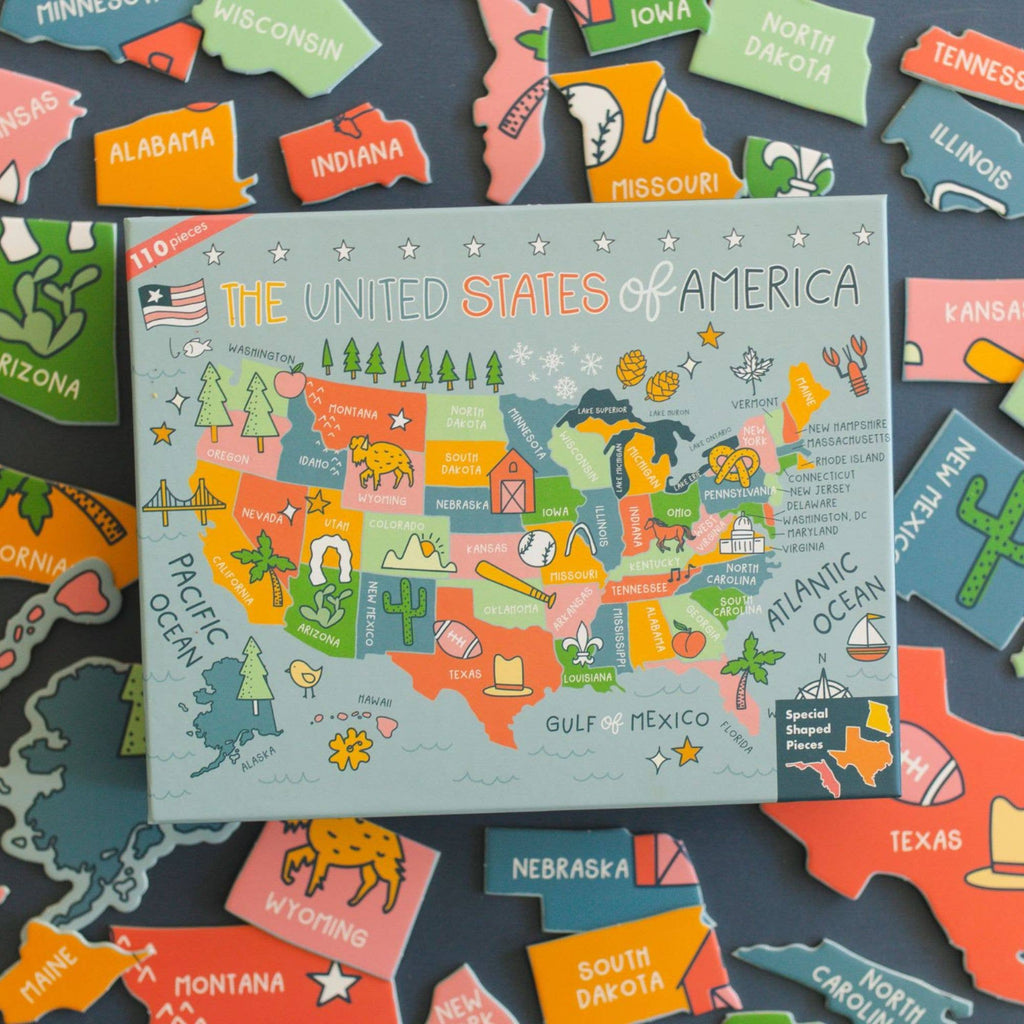 Explore the United States of America with our one-of-a-kind, hand-drawn puzzle. The uniquely state-shaped pieces and beautifully illustrated designs make this puzzle a fun and educational activity for kids and adults alike. With only 110 pieces, it's the perfect gift for children and a great addition to any teacher's classroom.