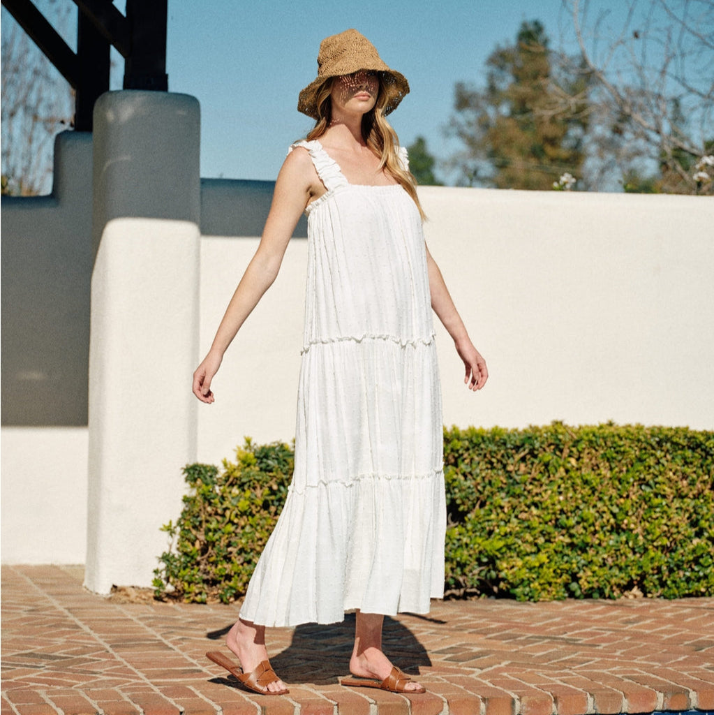 Swiss dot dress will make you the best summer. This dress features ruffle shoulders that add a touch of femininity to the design, a flattering silhouette.