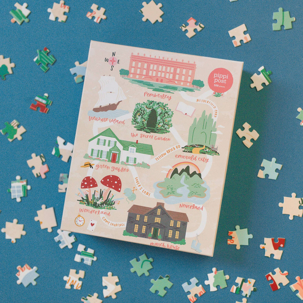 Locations puzzle! A perfect gift for the bookworm, avid reader, or teacher, this 500-piece jigsaw puzzle features scenes from the pages of your most-loved novels. Discover Pemberly from Pride &amp; Prejudice, Treasure Island, The Secret Garden, Emberald City from the Wonderful Wizard of Oz, Green Gables, Neverland, Wonderland, and the March House from Little Women. With hand-drawn illustrations and fun icons from literature, this book-themed puzzle is sure to be a great activity for the whole family.