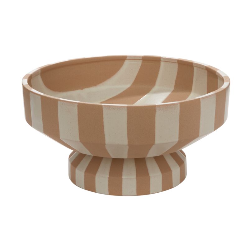 Elevate your entry or dining table with the playful, artful design of the large Botera Footed Bowl. Featuring a food-safe finish on top of neutral, textured ceramic with chunky, speckled white glazed stripes, this serving dish coordinates with the full Botera collection stands out among home accents tableware with its minimalist sensibility. We recommend hand washing to protect finish