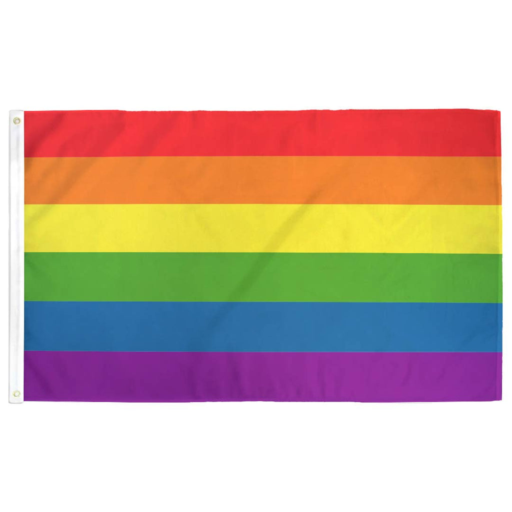 The Design: The traditional six-stripe rainbow pride flag design popularized by artist Gilbert Baker in 1978. The rainbow flag has since stood the test of time and become the ubiquitous symbol of LGBTQ Pride the world over. 🧵 Our flags are durable; 200d polyester (most flags you'll find on the internet are cheap ~75d) with two grommets on the hoist edge.