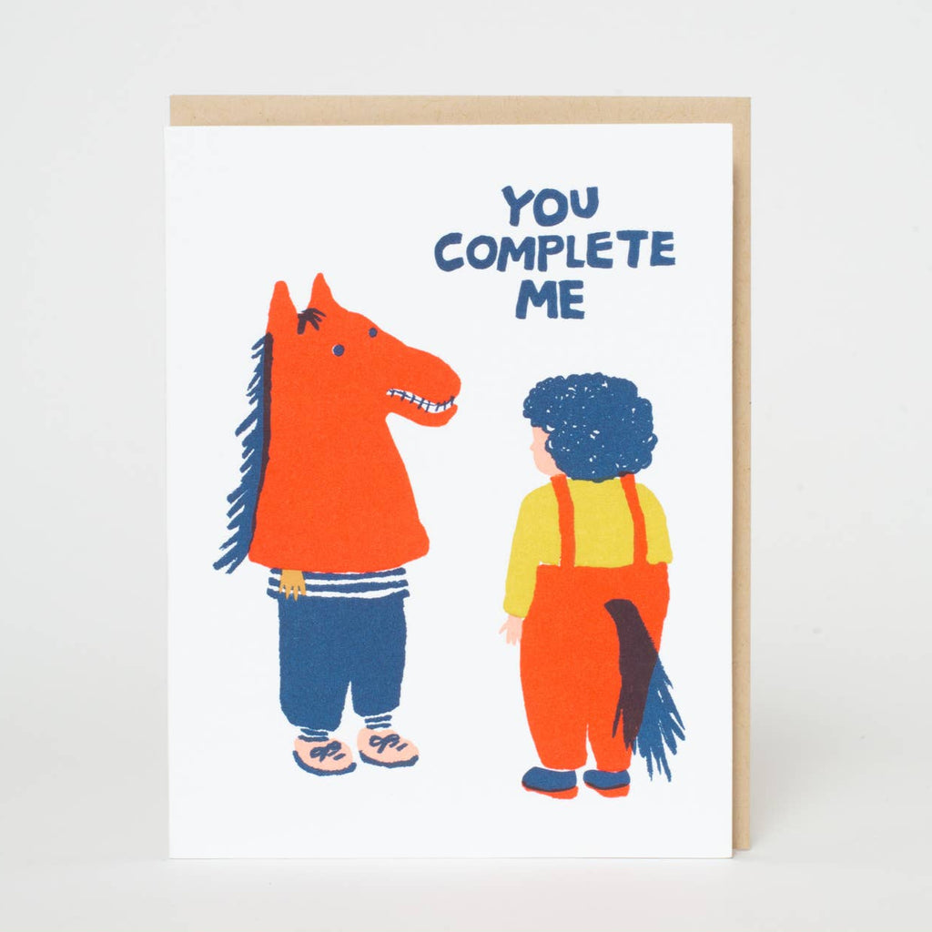 Express your love with some humor with the You Complete Me card from Egg Press! This unique letterpress greeting card is perfect for that special someone who makes you feel whole. Share a laugh and your love with this quirky and playful card.