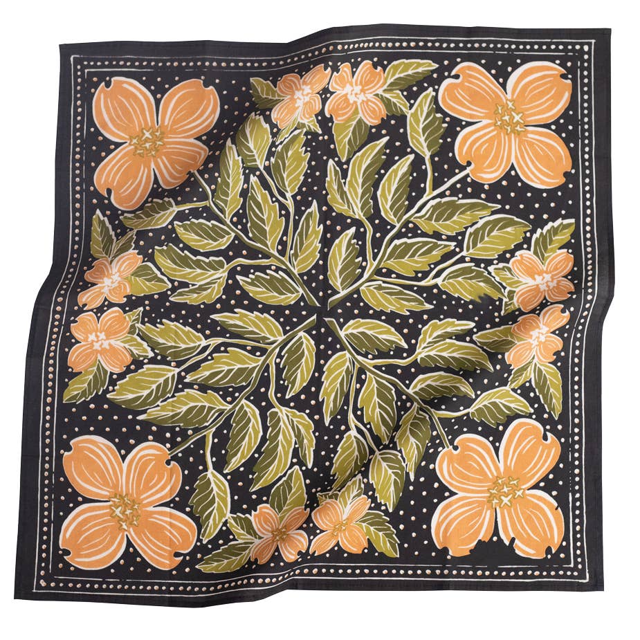 Black with Peach & Green dogwood flowers handkerchief 