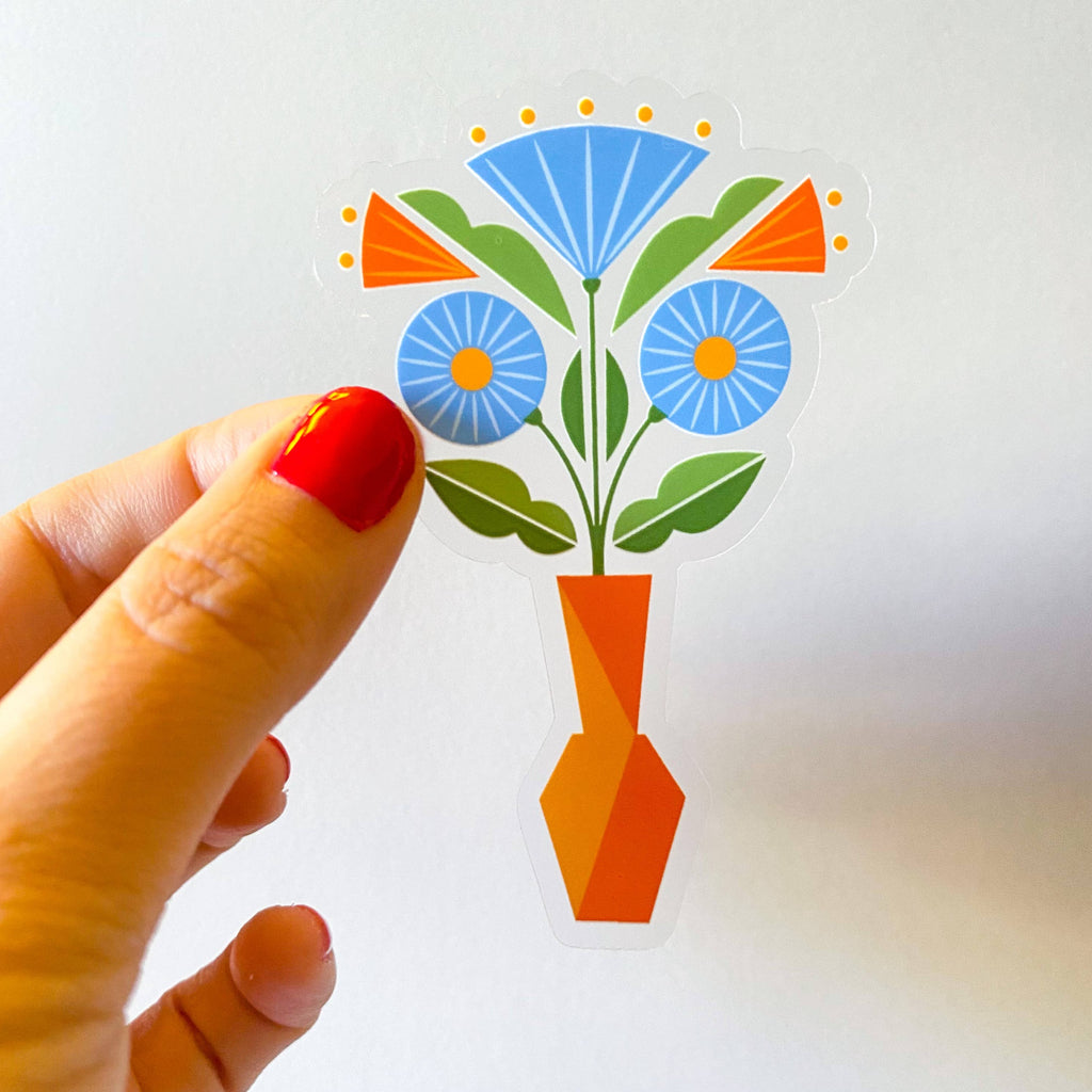 A vibrant, geometric floral vase sticker! This sticker has a clear background.