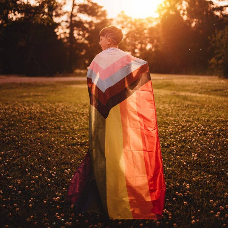 The "Progress" Flag places 5 half sized stripes in an arrow shape representing trans and non-binary individuals, marginalized POC communities, as well as those living with AIDS on top of the traditional LGBTQ Rainbow Flag. 🧑‍🎨 We believe artists should get credit for their work. So we are proud to be officially licensed by Daniel to produce this flag. 🧵 Our flags are durable 200D polyester (most flags you'll find on the internet are cheap ~75D) with two grommets on the hoist edge.