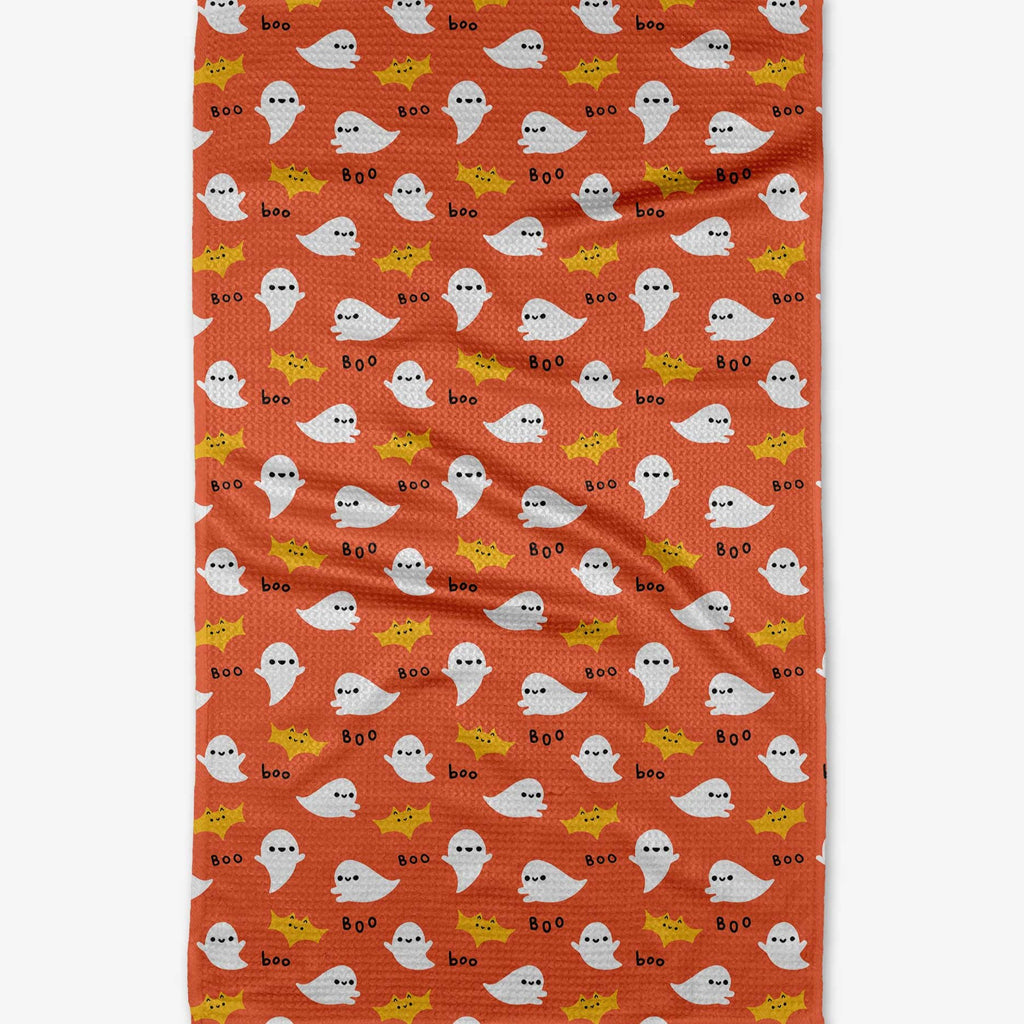 orange boo tea towel with ghosts and yellow bats