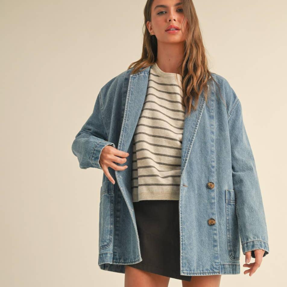 Upgrade your casual look with our trendy Denim Oversize Blazer! Made from high-quality denim, this blazer is both stylish and comfortable. Perfect for any occasion, this blazer will elevate your outfit while still keeping things laid-back. Rock a cool and effortless vibe with our Denim Oversize Blazer.