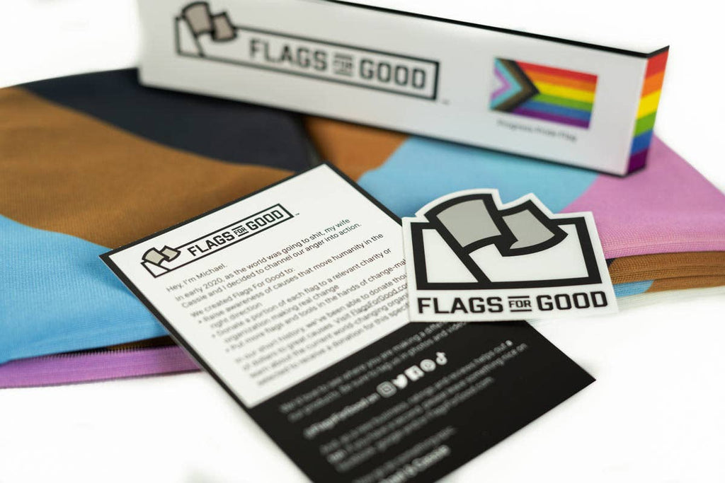 The "Progress" Flag places 5 half sized stripes in an arrow shape representing trans and non-binary individuals, marginalized POC communities, as well as those living with AIDS on top of the traditional LGBTQ Rainbow Flag. 🧑‍🎨 We believe artists should get credit for their work. So we are proud to be officially licensed by Daniel to produce this flag. 🧵 Our flags are durable 200D polyester (most flags you'll find on the internet are cheap ~75D) with two grommets on the hoist edge.