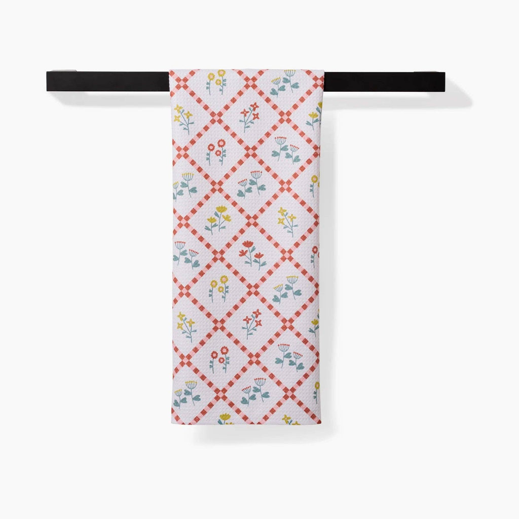 checkered red and yellow floral pattern tea towel