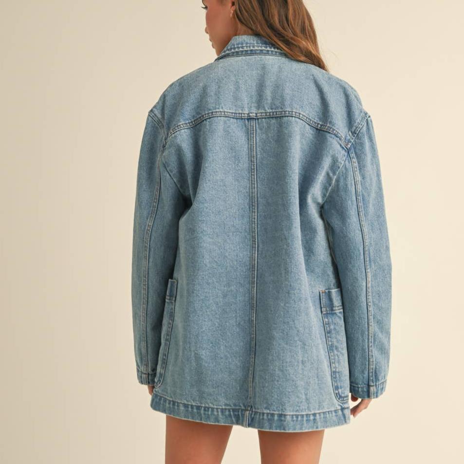 Upgrade your casual look with our trendy Denim Oversize Blazer! Made from high-quality denim, this blazer is both stylish and comfortable. Perfect for any occasion, this blazer will elevate your outfit while still keeping things laid-back. Rock a cool and effortless vibe with our Denim Oversize Blazer.