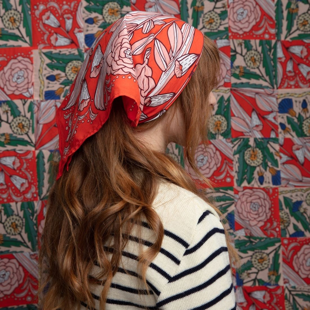 Hot-Red background with White and Pinkish-Peach Floral handkerchief