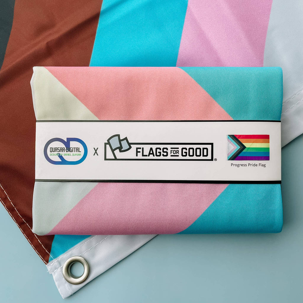 The "Progress" Flag places 5 half sized stripes in an arrow shape representing trans and non-binary individuals, marginalized POC communities, as well as those living with AIDS on top of the traditional LGBTQ Rainbow Flag. 🧑‍🎨 We believe artists should get credit for their work. So we are proud to be officially licensed by Daniel to produce this flag. 🧵 Our flags are durable 200D polyester (most flags you'll find on the internet are cheap ~75D) with two grommets on the hoist edge.