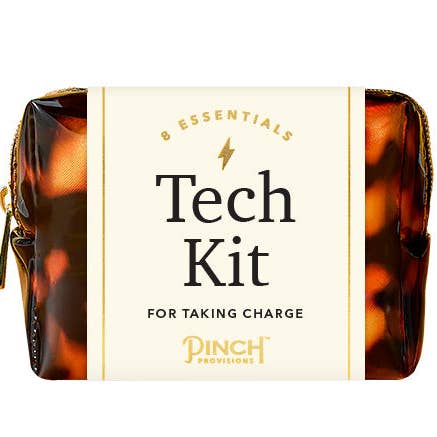 The Tech Kit includes 8 emergency essentials:

A webcam cover
Earbud cleaning tool
Screen cloth
Password hint list
Cord organizer
Phone/tablet stand
2-in-1 charging cable
USB wall charger. 