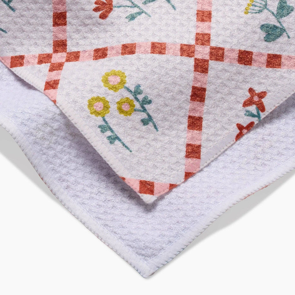 checkered red and yellow floral pattern tea towel