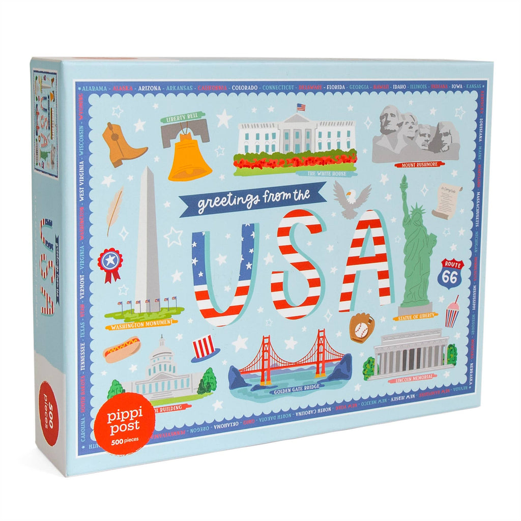 Piece together the essence of the USA with our Greetings from the USA 500 Piece Jigsaw Puzzle. Featuring hand-drawn illustrations, this puzzle is a fantastic way to celebrate the diverse and iconic landmarks across the country. Ideal for patriots, teachers, adults and kids, everyone will love piecing together American landmarks such as the White House, Mount Rushmore, Liberty Bell, the Washington Monument, the Statue of Liberty, the Golden gate Bridge, and more!&nbsp;