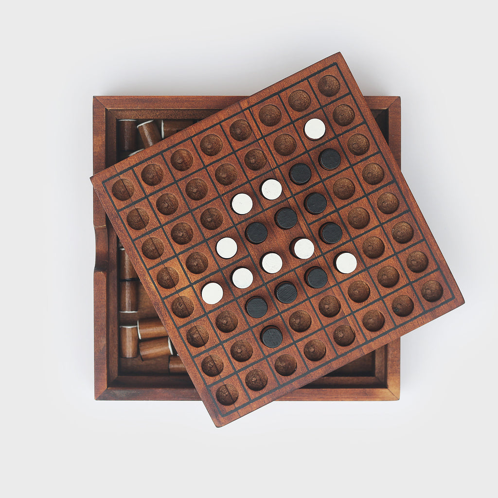 A classic for over one hundred years. Reversi is a 2 player abstract strategy game, played on an 8×8 grid with 64 double-sided pegs. The object of the game is to capture territory and flip your oponent’s pegs. Minutes to learn - a lifetime to master.