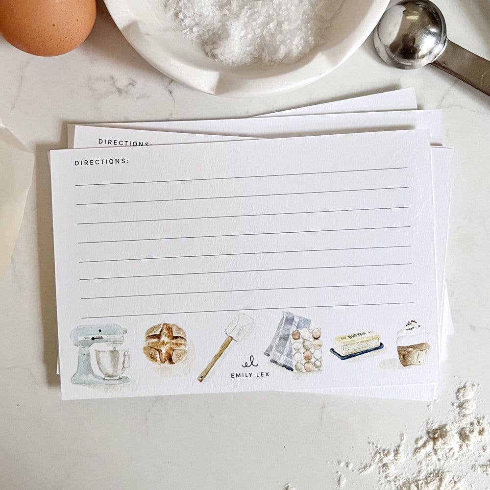 Write down your favorite recipes on the Baking Recipe Cards. There are 12 cards with space for ingredients on one side and instructions on the back.




Details

Set of 12 recipe cards

4" x 6"

Printed on eggshell textured paper
Original watercolor artwork by Emily Lex