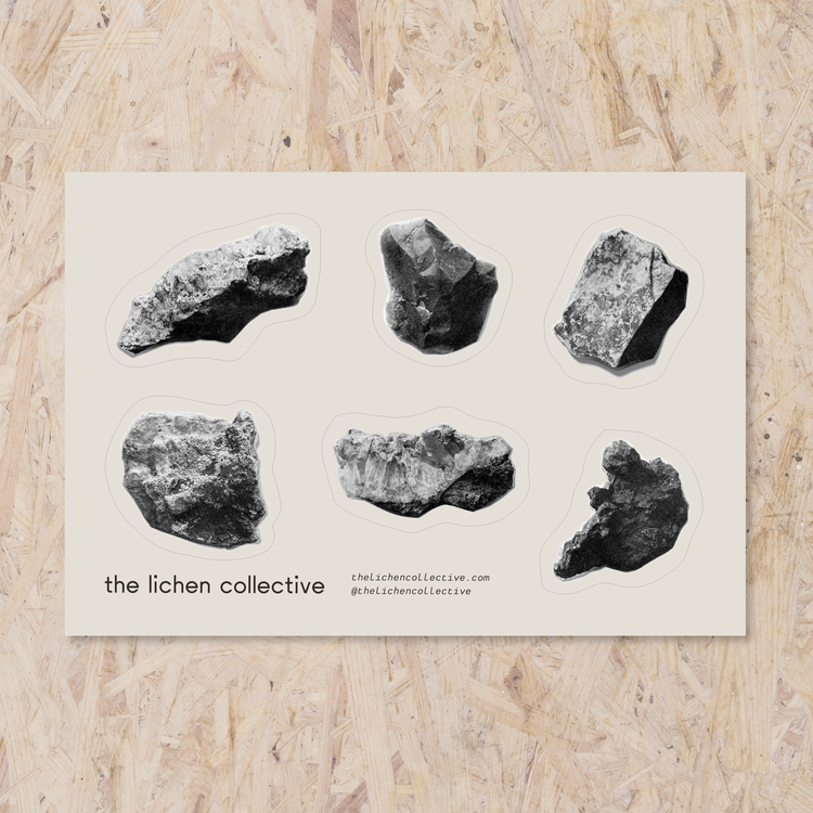 black and gray sticker sheet with 6 different rock shaped stickers