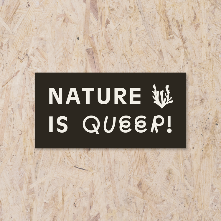 black rectangle sticker reading "NATURE IS QUEER!"