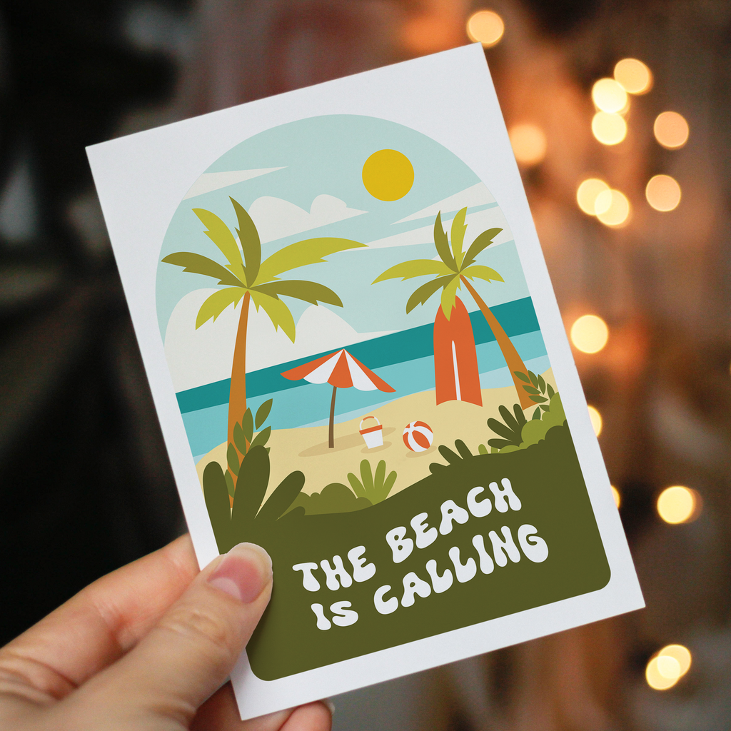 card reading "the beach is calling" with an illustrated beach scene