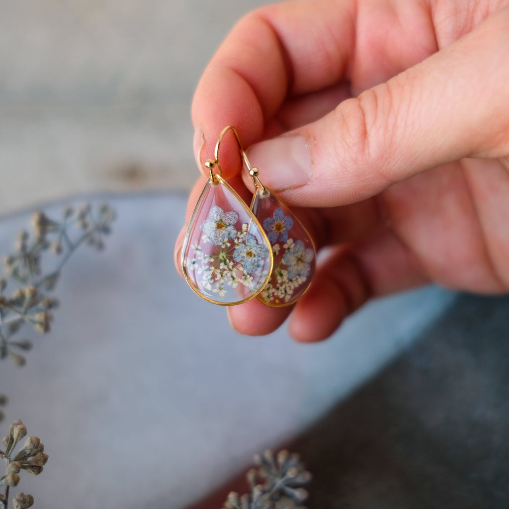 blue forget me not pressed flower droplet earrings 