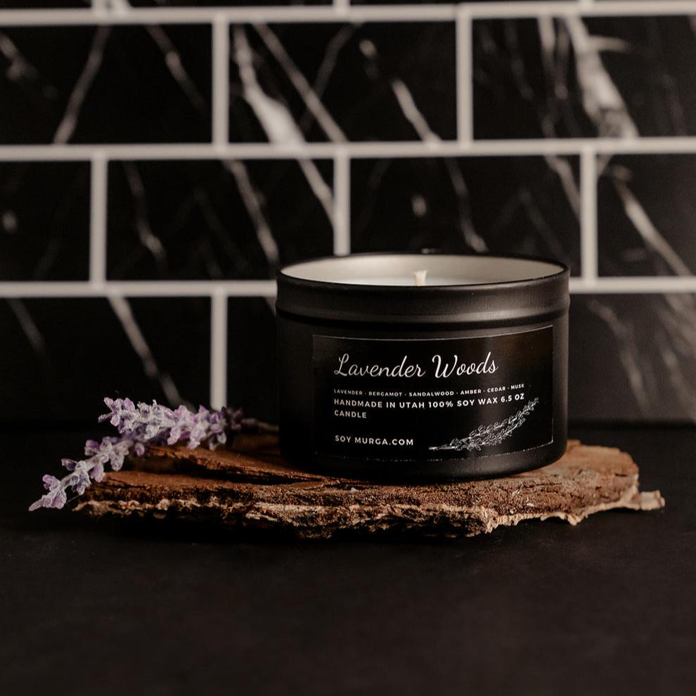 6.5 o matte black tin with lavender woods soy candle