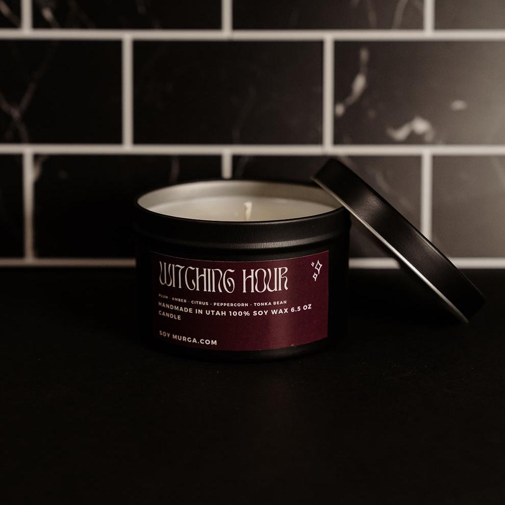 6.5 oz witching hour soy candle in black tin