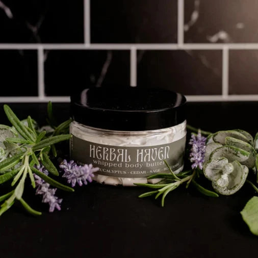 2 oz glass jar with herbal haven whipped body butter