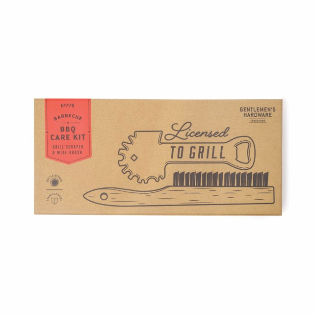 Up your grilling game with this BBQ Care Kit. Complete with grill scraper and wire brush, this set gives you the tools you need to maintain your outdoor BBQ. Keep things tidy with convenient hanging loops and even pop a bottle with the bottle opener on the end of the stainless steel grill scraper.