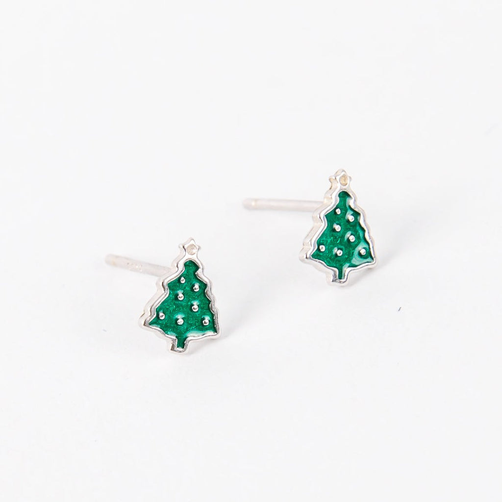 stainless steel pine tree earrings with green enamel