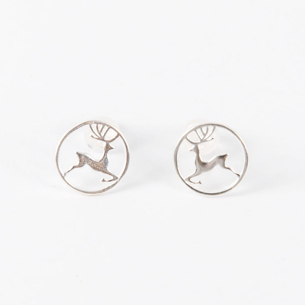 silver circle studs featuring prancer the reindeer