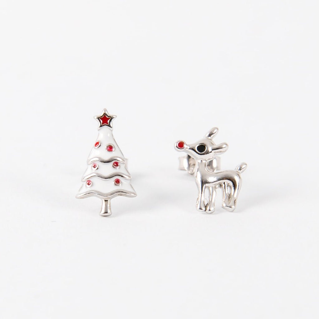 silver earrings featuring a Christmas tree with red ornaments and star tree topper along with Rudolph and his red nose