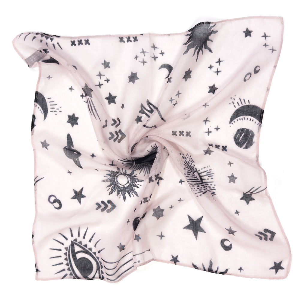 Denim & Daisy original Stargazer bandana! This head scarf displays a horoscope pattern using the softest fabric that won't slide off your hair! Style traditionally or accessorize your braid, bun, neck, or bag! This zodiac-esthetic hair wrap can be styled in so many ways.